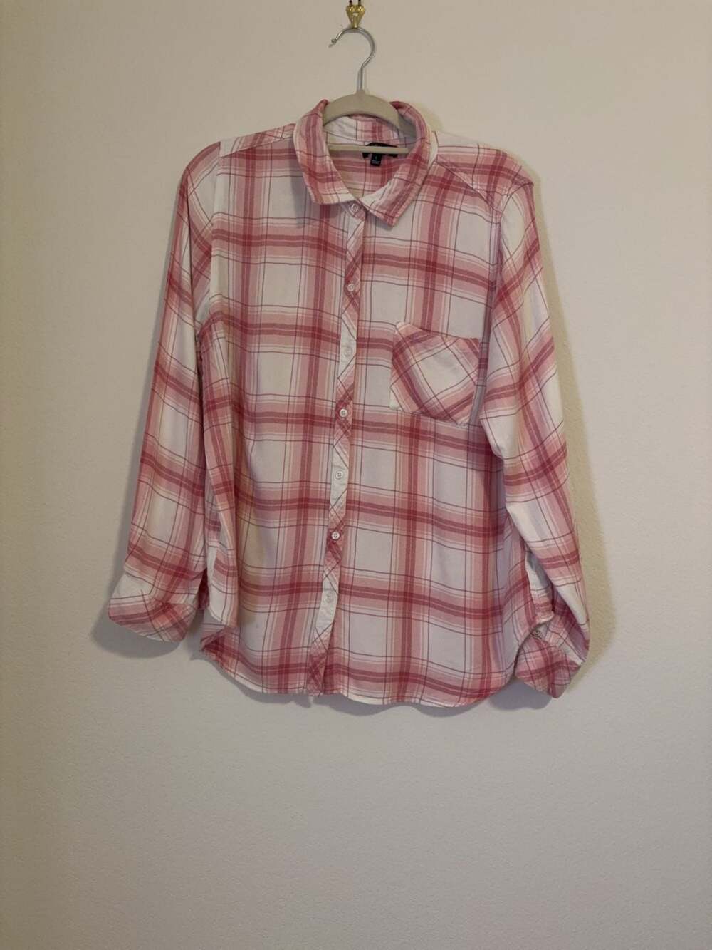 Well Worn Pink and White Plaid Flannel Button Down Shirt